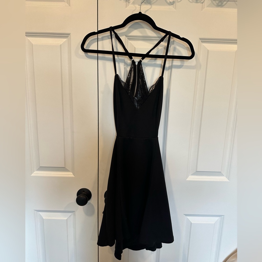 Black lace skater dress with open back from Lulus
